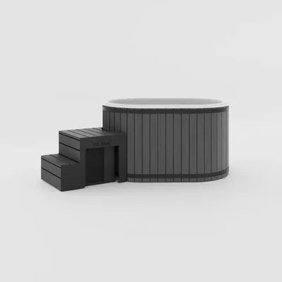 Aiste Grand Eisbadewanne in Ebony mit dunkler Holzoptik und Einstiegstreppe