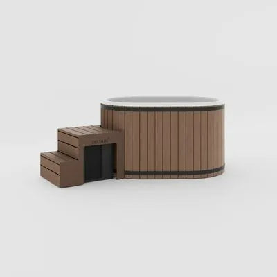 Aiste Grand Eisbadewanne in Teak mit warmer Holzoptik und komfortabler Einstiegstreppe