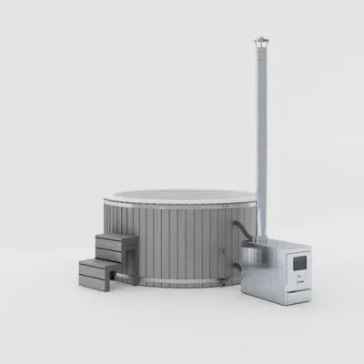 Modernes Badefass Whirlpool für 8 Personen mit außenliegendem Holzofen im minimalistischen Design