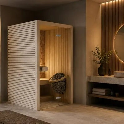 Eira Micro Innensauna in Beige in modernem Wellnessbad mit Glastür, Holzlamellen und Saunaofen