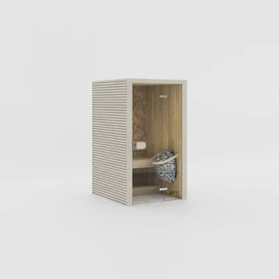 Eira Micro Innensauna in Beige mit Glastür, Holzverkleidung und Saunaofen für 2 Personen