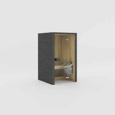 Eira Micro Innensauna in Ebony mit dunkler Außenverkleidung, Glastür und Saunaofen für 2 Personen