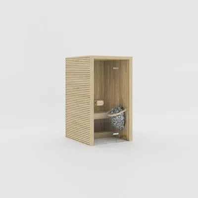 Eira Micro Innensauna in Hasel mit Holzlamellen, Glastür und Saunaofen für 2 Personen