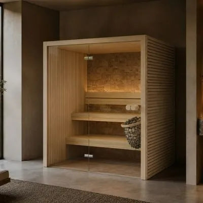 Eira Mini Innensauna mit Glasfront und Holzdesign in modernem Wohnraum