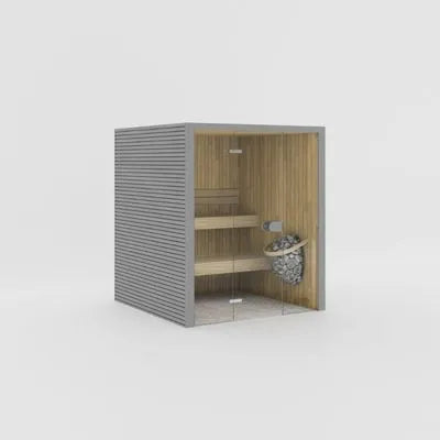 Eira Mini Innensauna in grauer Holzoptik mit Glastür für 4 Personen