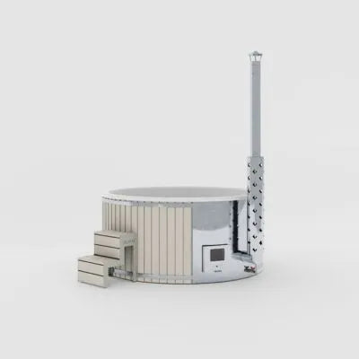 Grauer Outdoor Whirlpool mit integrierter Heizung und modernem minimalistischen Design