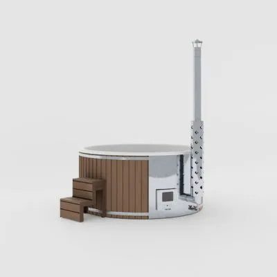 Runder Outdoor Whirlpool mit integrierter Heizung und brauner Holzverkleidung für bis zu 6 Personen