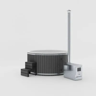 Schwarzes Badefass Whirlpool mit außenliegendem Holzofen für bis zu 8 Personen