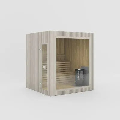 Jonas Classic Sauna als Render in Beige mit Glasfront, Holzbänken und Saunaofen.