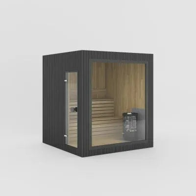 Jonas Classic Sauna als Render in Ebony mit moderner Frontverglasung und sichtbarem Innenraum.