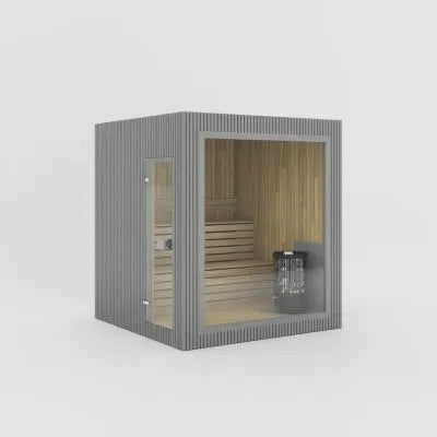 Jonas Classic Sauna als Render in Grau mit heller Holzverkleidung und großer Glasfront.