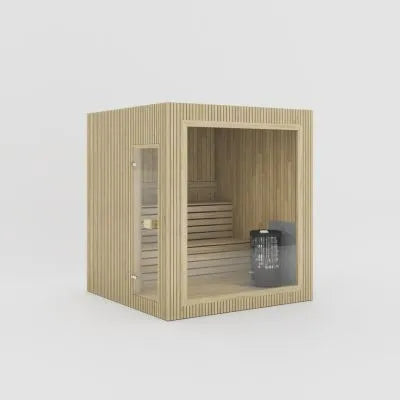 Jonas Classic Sauna als Render in Hasel mit vertikaler Außenverkleidung und Glasfront.