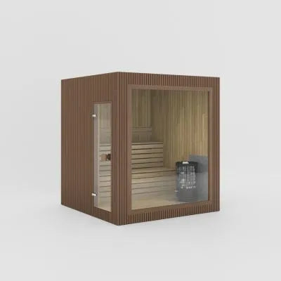 Jonas Classic Sauna als Render in Teak mit hellem Holzdesign, Glasfront und Saunaofen.