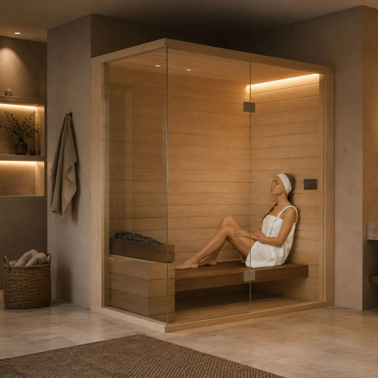 Moderne Sauna für Zuhause mit Glasfront und entspannter Person auf Holzbank