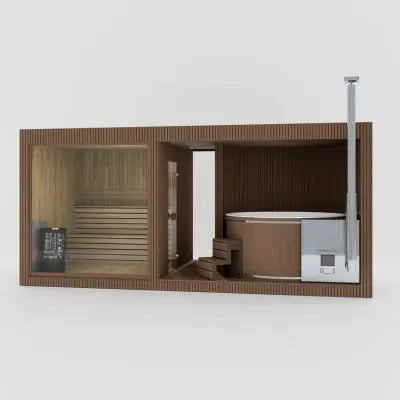 Tauras Grand Sauna mit Whirlpool als Render in Teak Holzoptik