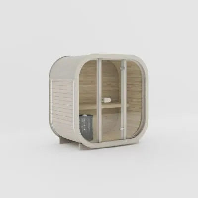 Ula Mini Sauna beige mit Glasfront und heller Holzoberfläche