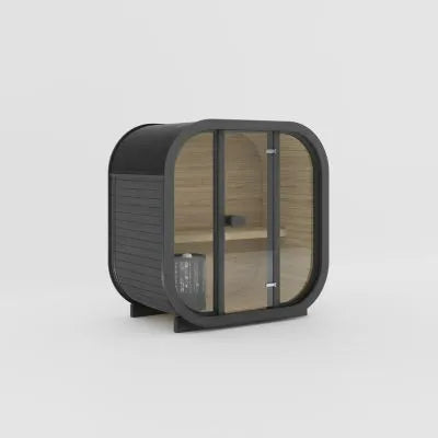 Ula Mini Sauna Ebony mit dunkler Außenverkleidung und Glasfront