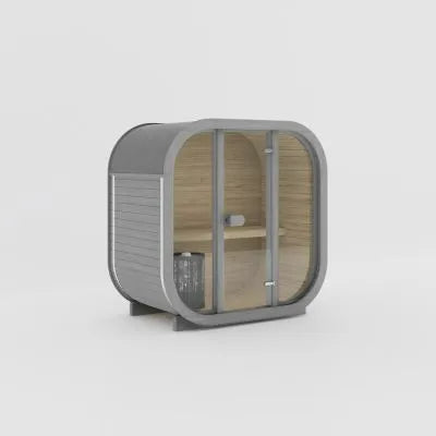 Ula Mini Sauna grau mit heller Holzinnenseite und Glastür