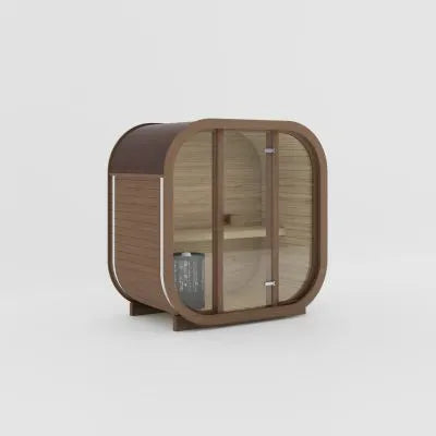 Ula Mini Sauna Teak mit Glasfront und kompakter runder Form